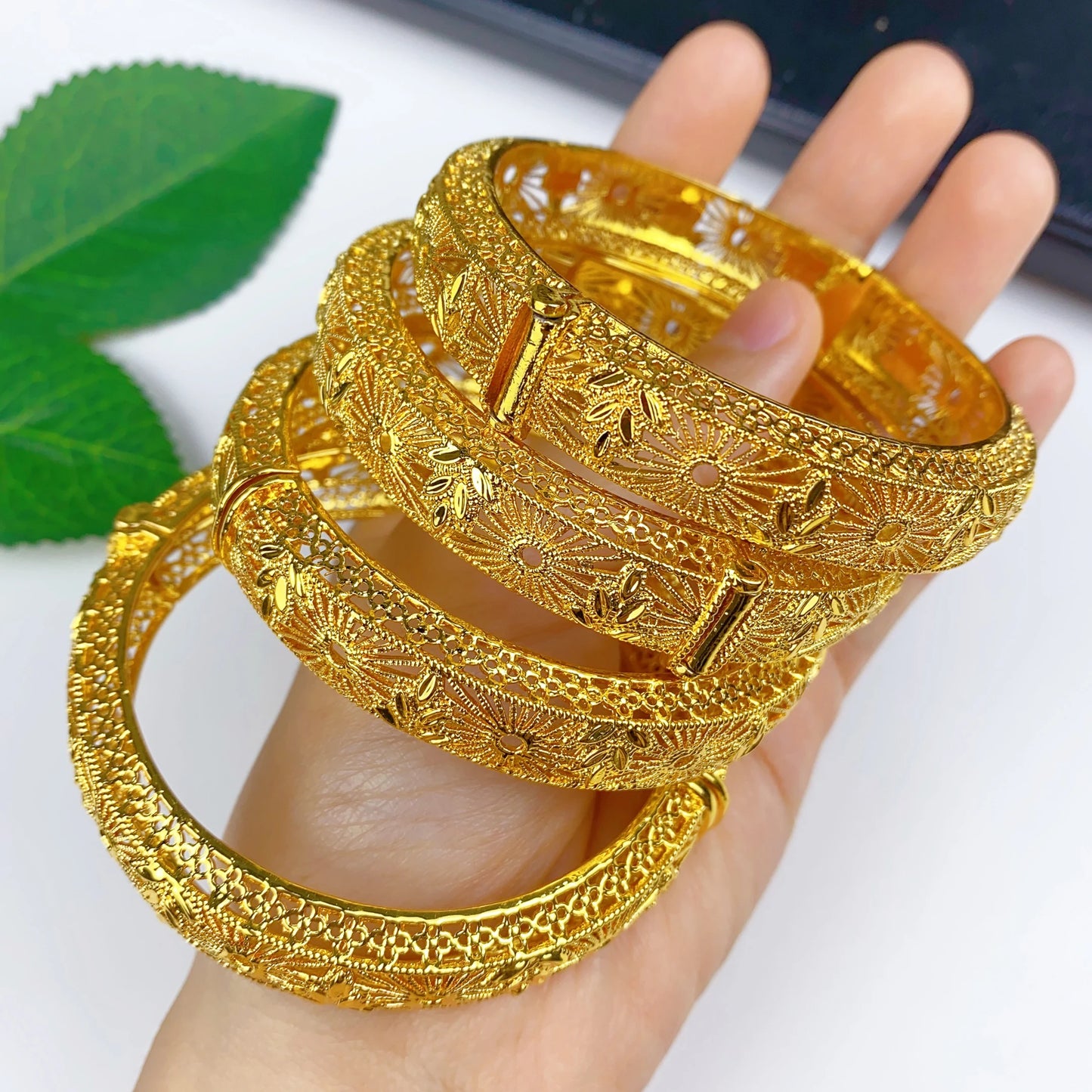 24K Gold Plated African Dubai Charm Bangles for Women – Nigerian Bridal Bracelet