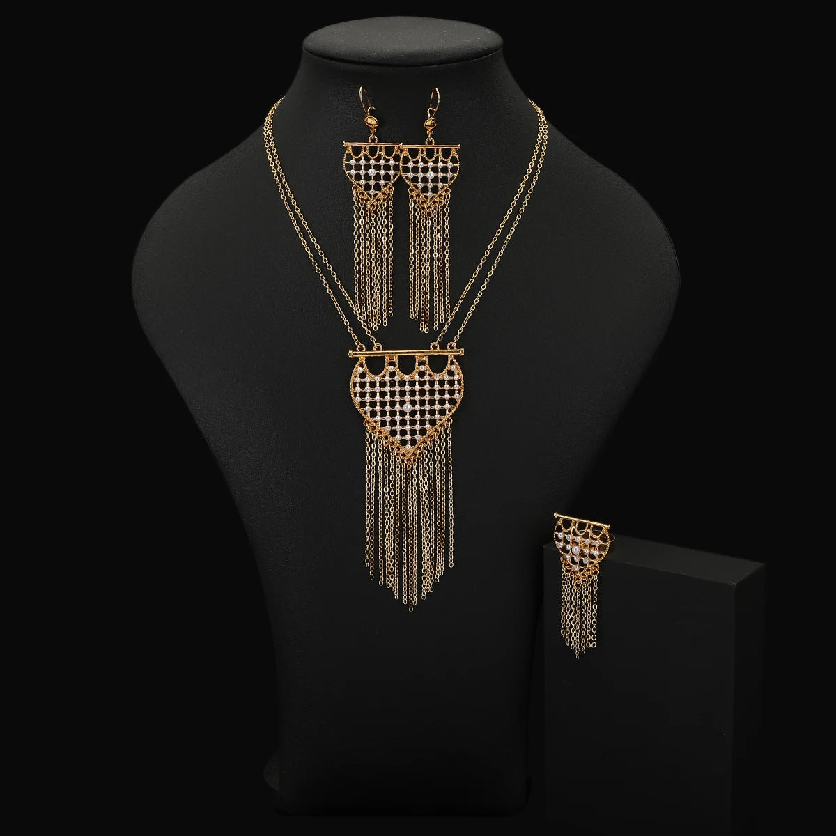 Gold Turquoise Tassel Necklace, Earrings & Ring Jewelry Set