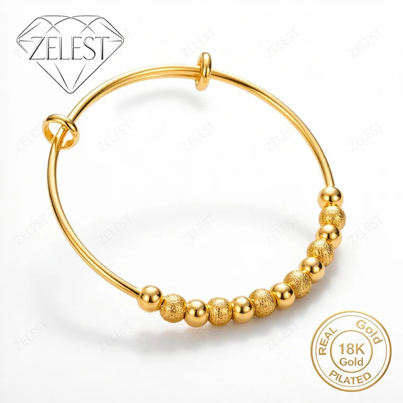 925 Sterling Silver 18K Gold Plated Bright & Frosted Bead Bangle for Women – Wedding Jewelry