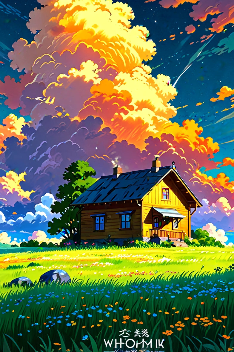 AI generated anime landscape with dramatic golden clouds and cozy cottage
