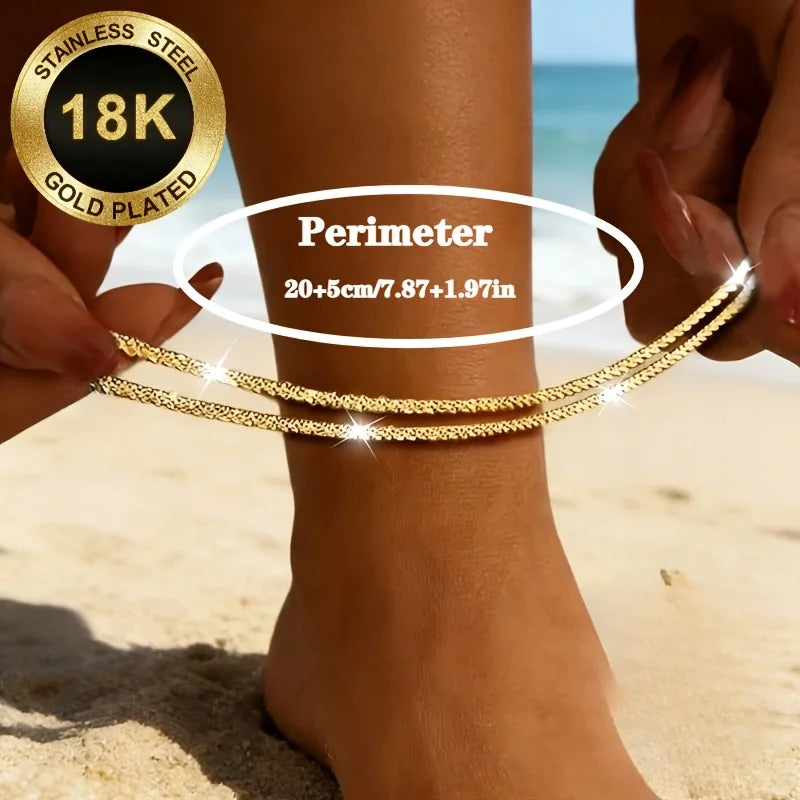 18K Gold Plated Stainless Steel Ankle Chain Set - 2 Pieces