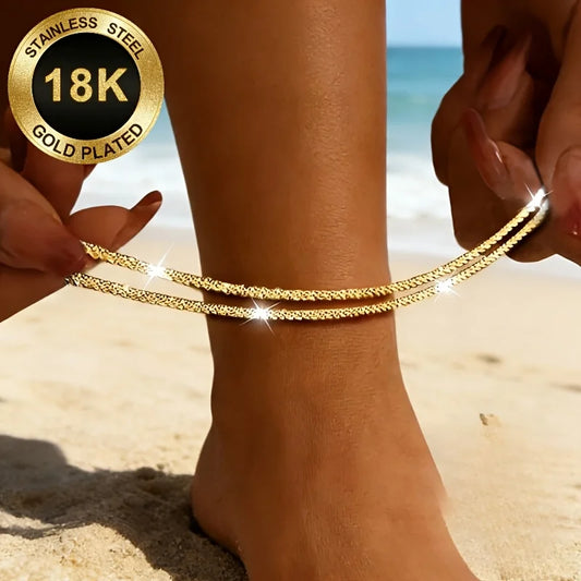 18K Gold Plated Stainless Steel Ankle Chain Set - 2 Pieces