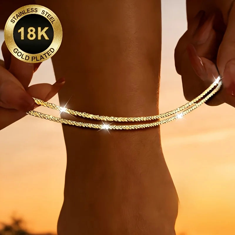 18K Gold Plated Stainless Steel Ankle Chain Set - 2 Pieces