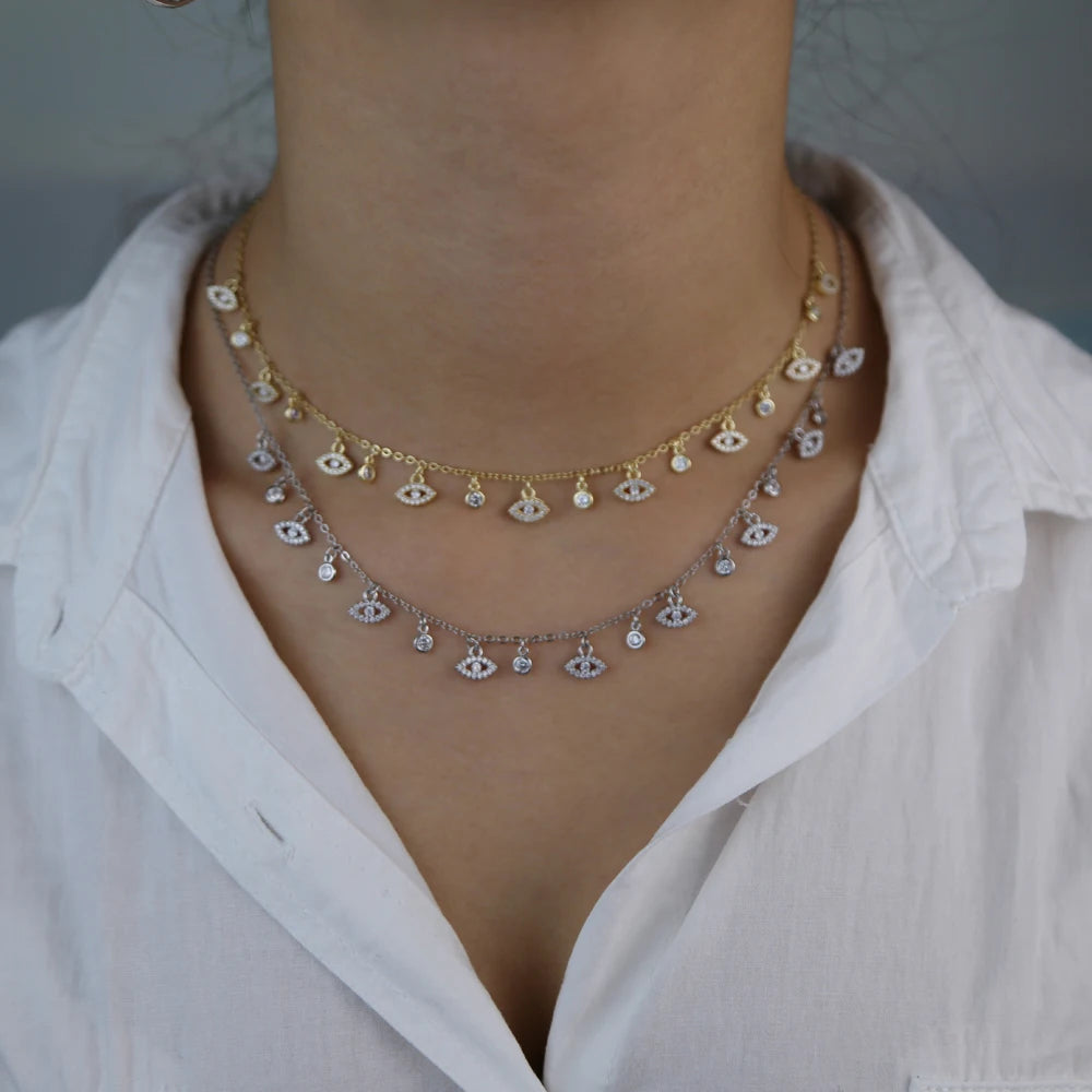 Lucky Evil Eye CZ Gold Charm Choker Pendant Necklace