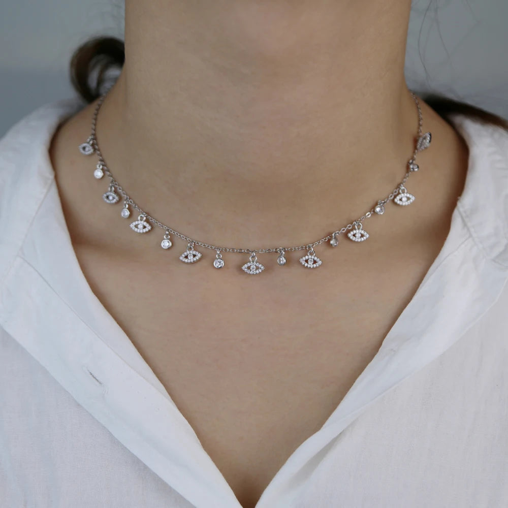 Lucky Evil Eye CZ Gold Charm Choker Pendant Necklace