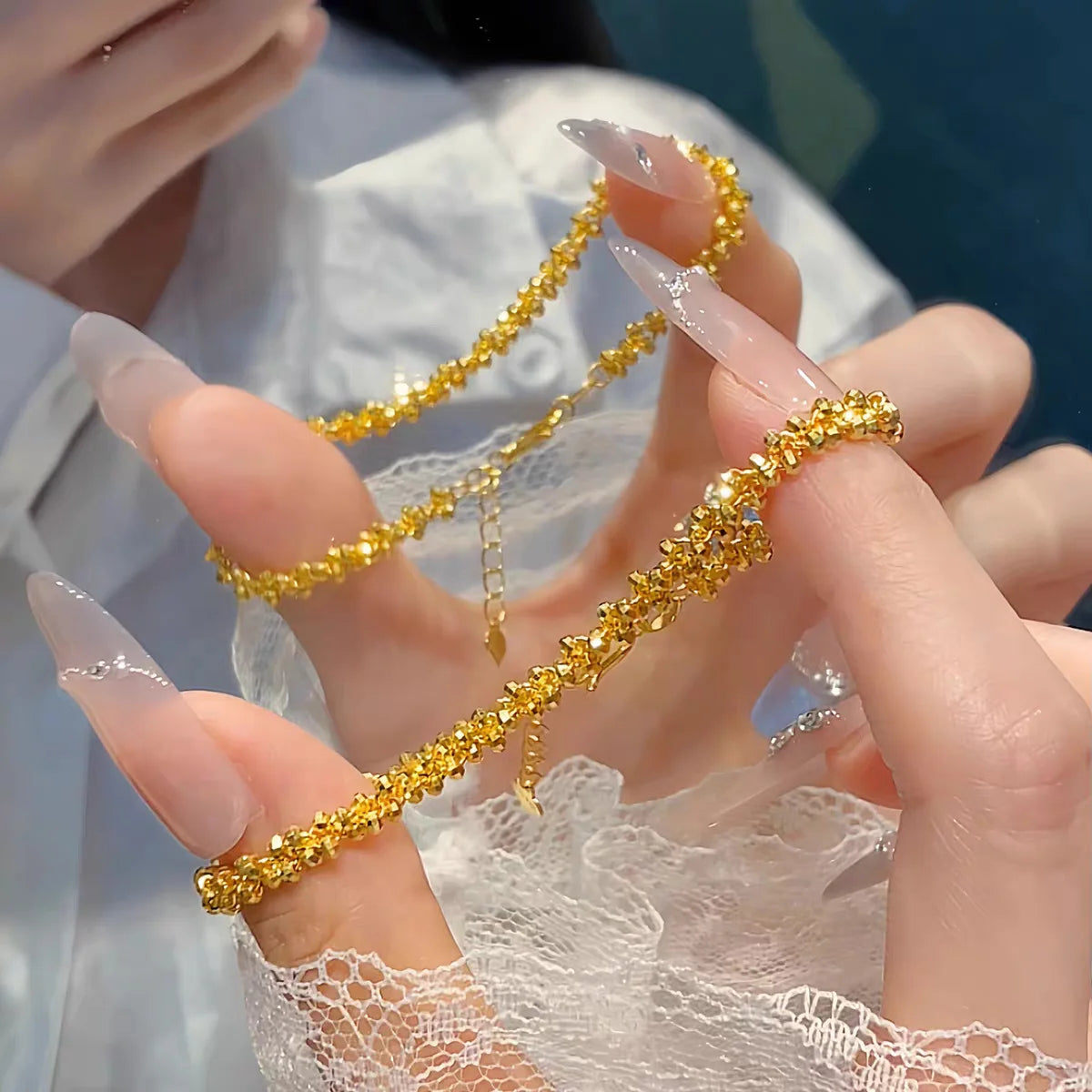 18K Gold Sparkling Beads Necklace & Bracelet Set for Women