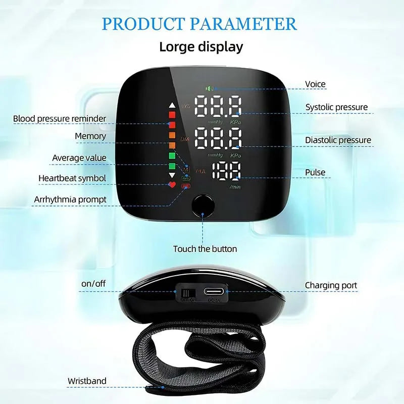 LED Wrist Blood Pressure Monitor – Rechargeable with Voice Broadcast