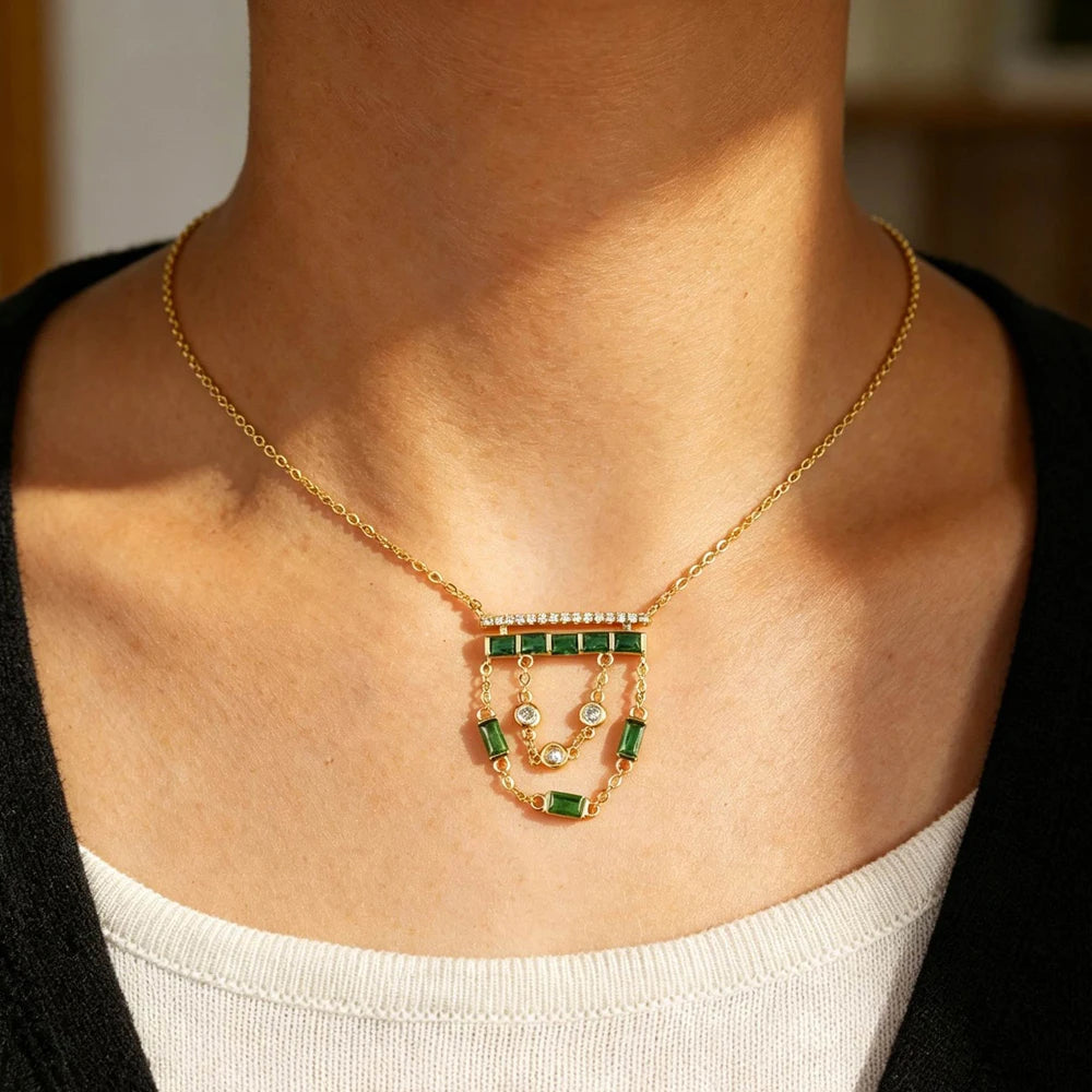 Gold CZ Bar Charm Tassel Pendant Necklace for Women