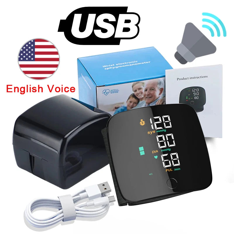 LED Wrist Blood Pressure Monitor – Rechargeable with Voice Broadcast