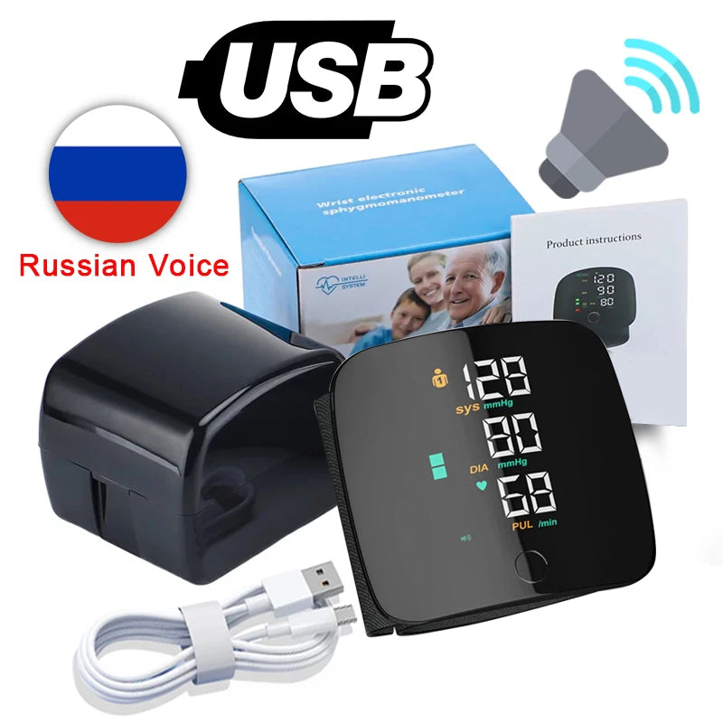 LED Wrist Blood Pressure Monitor – Rechargeable with Voice Broadcast