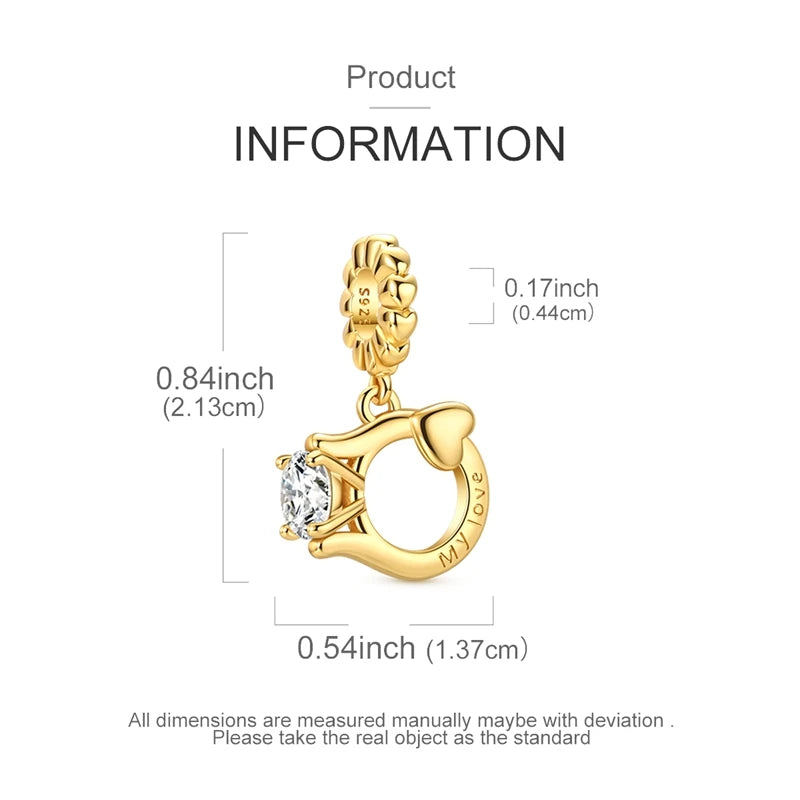 925 Sterling Silver Gold Plated Ring Dangle Charm Bead – DIY Women's Bracelet Gift