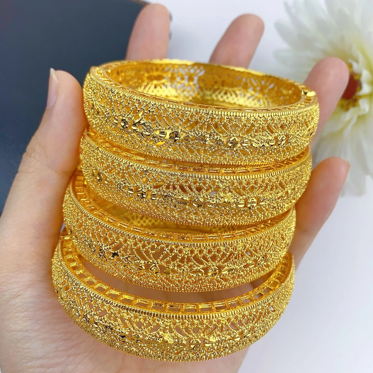 24K Gold Plated African Dubai Charm Bangles for Women – Nigerian Bridal Bracelet