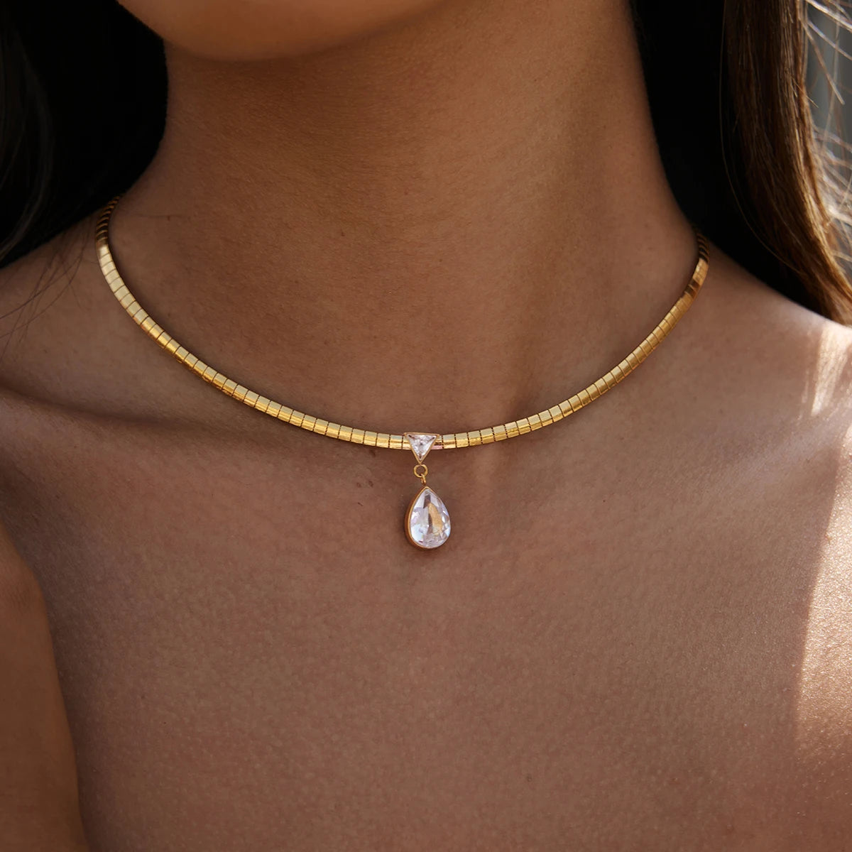 18K Gold PVD Geometric Zircon Pendant Choker Necklace