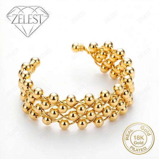 925 Sterling Silver 18K Gold Plated Multi-Layer Ball Beads Open Bracelet for Women – Wedding Jewelry