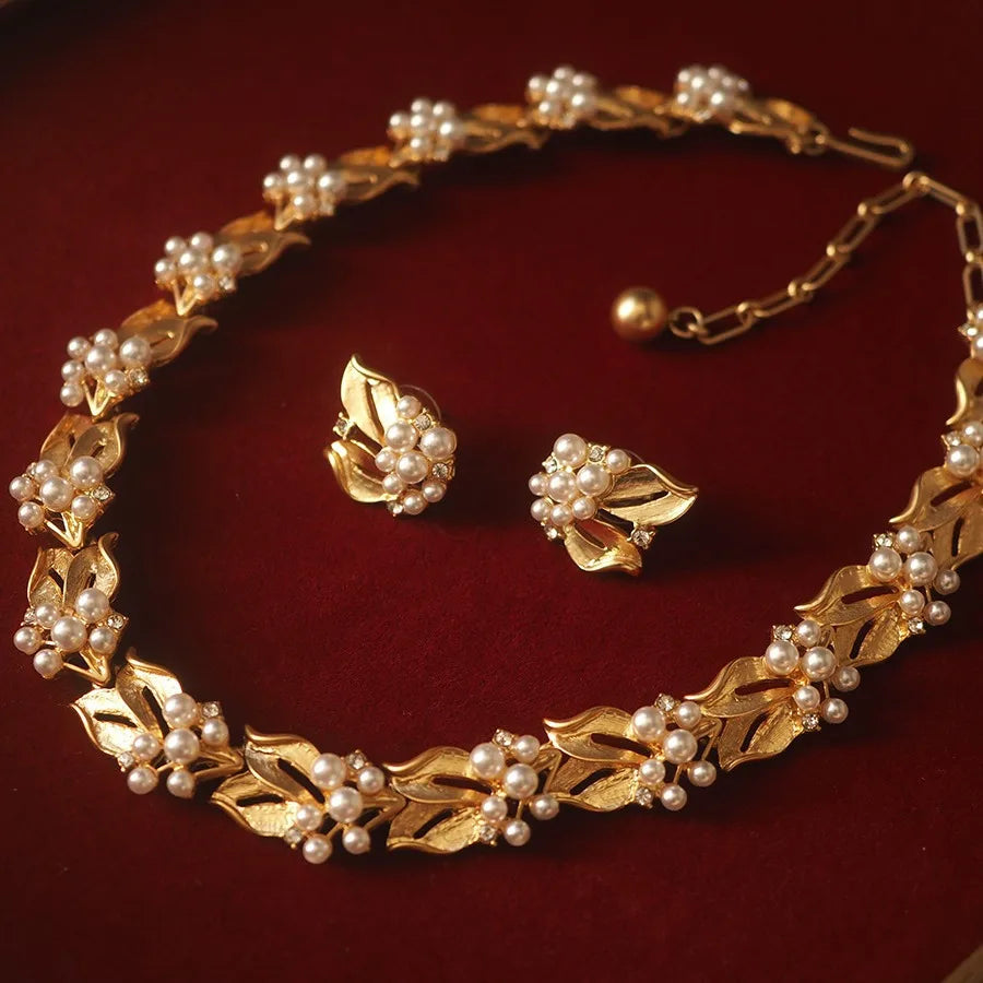 18K Gold Filled Pearl Ribbon Choker & Earring Jewelry Set