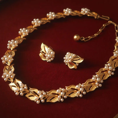 18K Gold Filled Pearl Ribbon Choker & Earring Jewelry Set