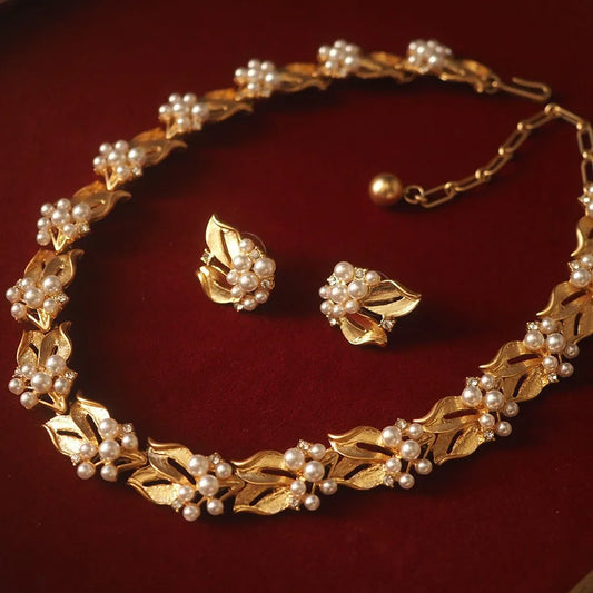 18K Gold Filled Pearl Ribbon Choker & Earring Jewelry Set