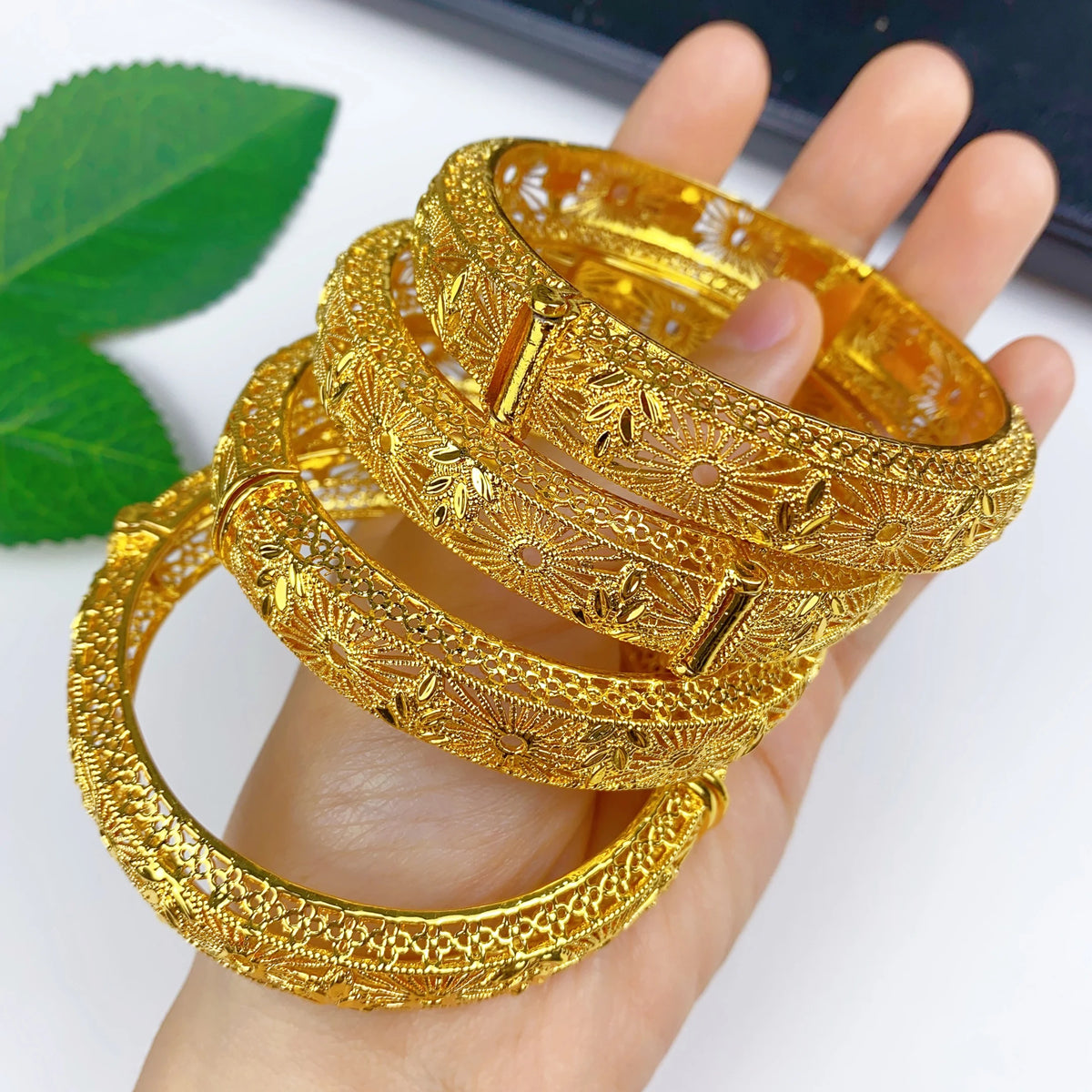 24K Gold Plated African Dubai Charm Bangles for Women – Nigerian Bridal Bracelet