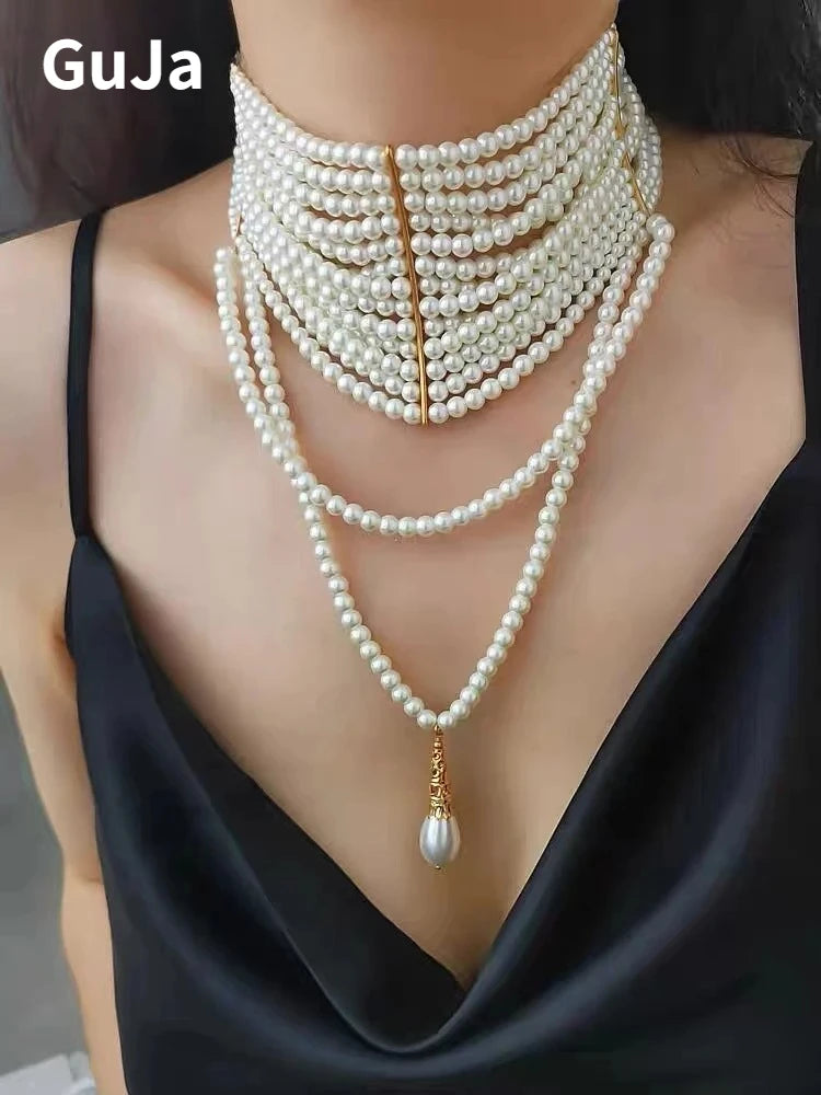 Multilayer Pearl Tassel Pendant Necklace for Women