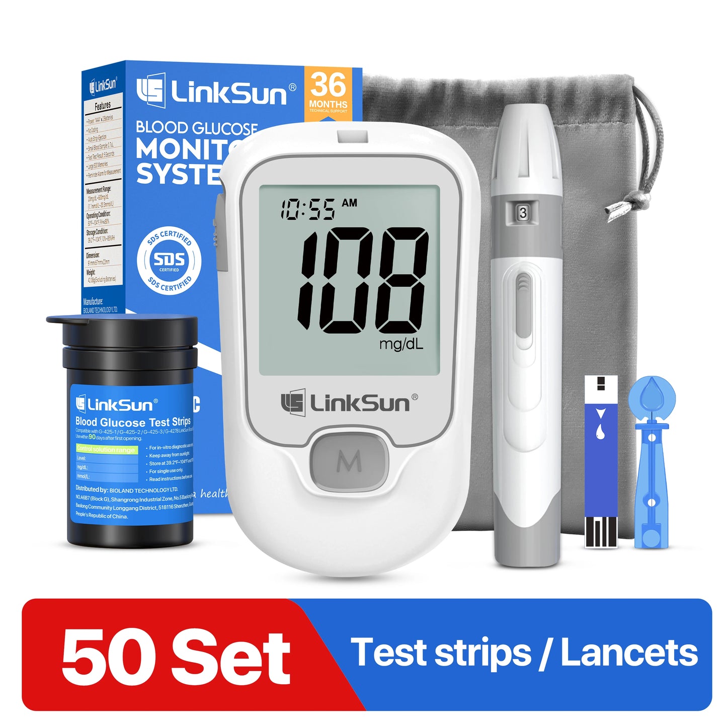 Blood Glucose Monitor Kit – 50 Test Strips & Lancets Included