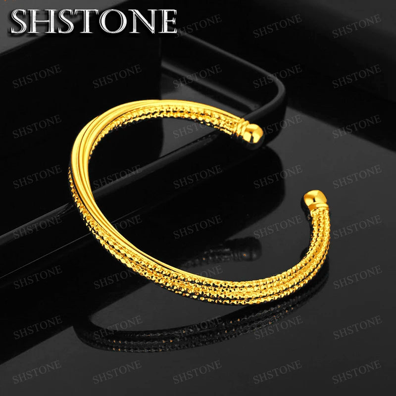 18K Gold Plated Twisted Grainy Opening Bangle Bracelet for Women – Wedding Fashion Jewelry