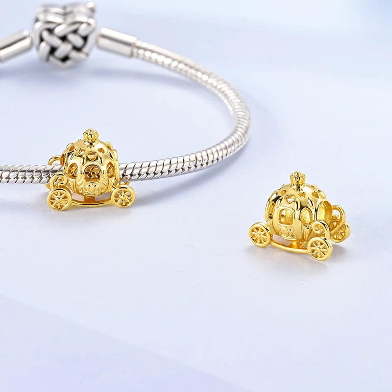 925 Sterling Silver Gold Plated Royal Pumpkin Carriage Dangle Charm Bead for Women