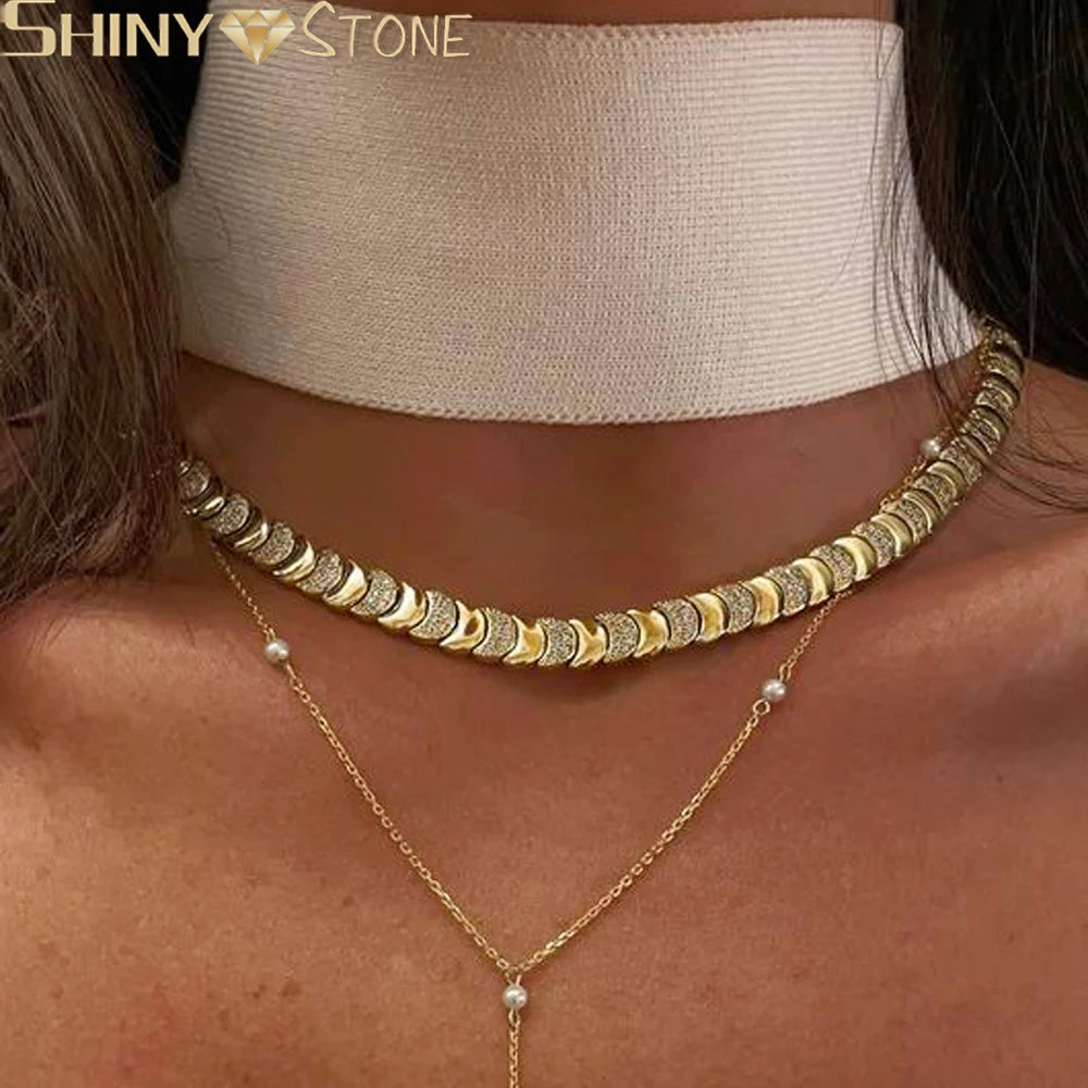 Gold Moon CZ Charm Link Bracelet & Necklace Set