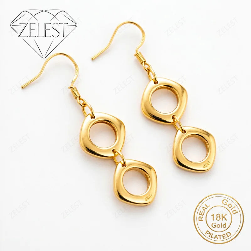 925 Sterling Silver 18K Gold Plated Exquisite Double Square Drop Earrings for Women – Party Gift