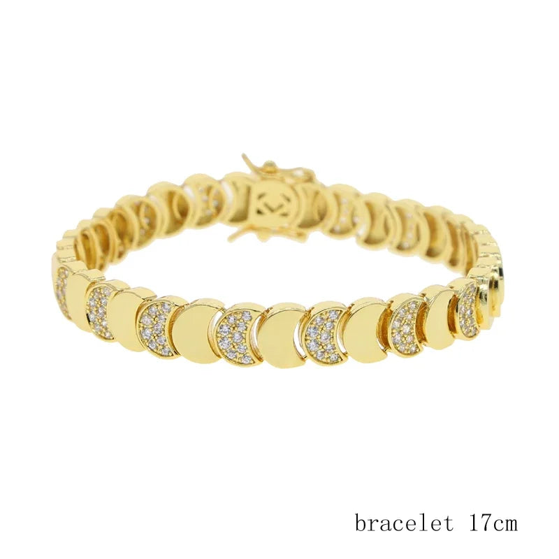 Gold Moon CZ Charm Link Bracelet & Necklace Set