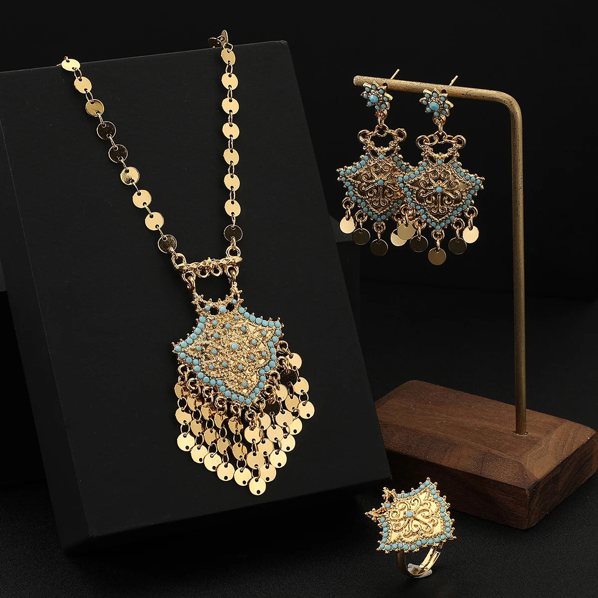 Gold Turquoise Tassel Necklace, Earrings & Ring Jewelry Set