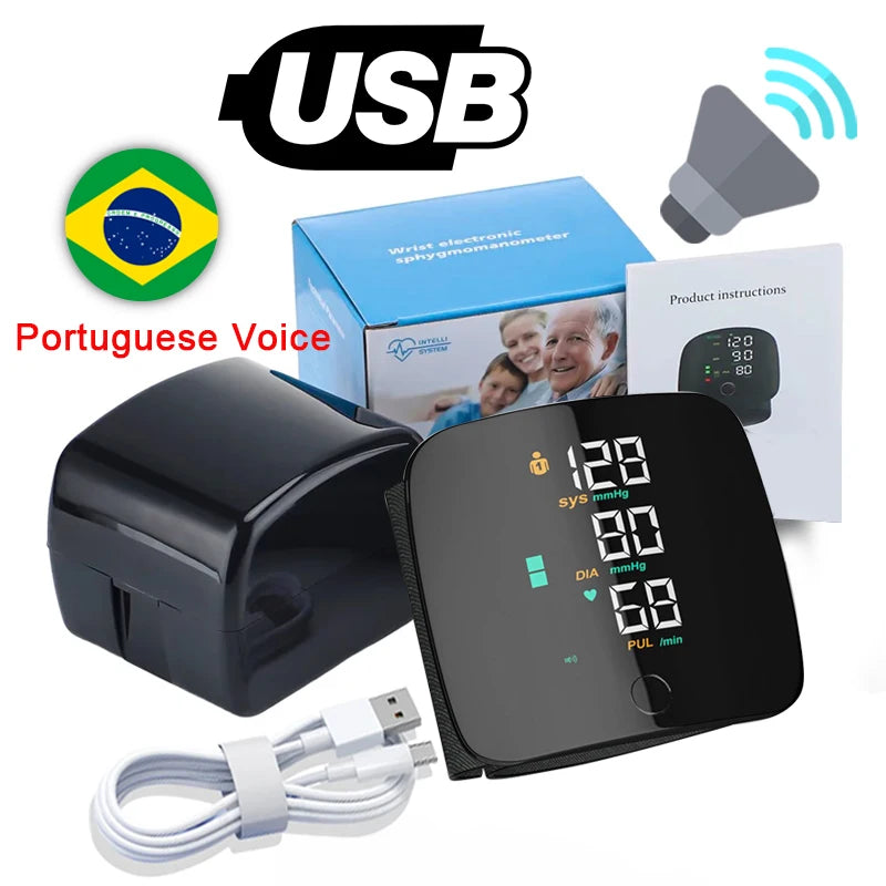 LED Wrist Blood Pressure Monitor – Rechargeable with Voice Broadcast