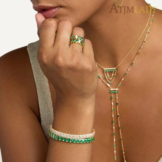 Gold CZ Bar Charm Tassel Pendant Necklace for Women