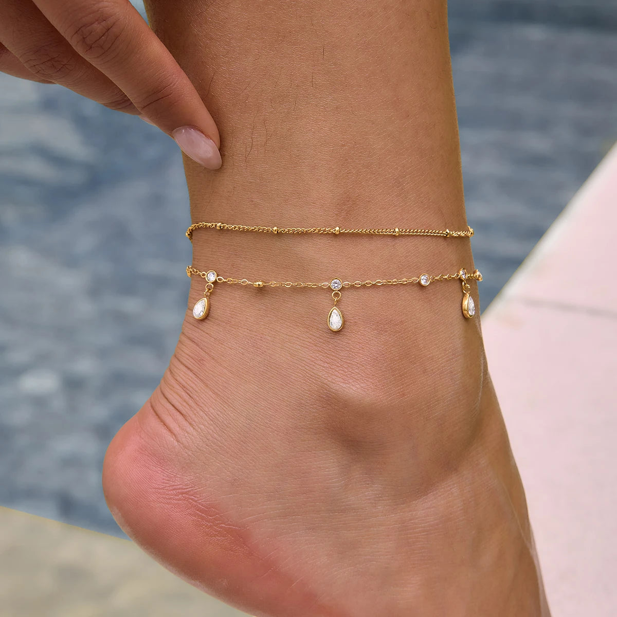 18K Gold PVD CZ Geometric Pendant Anklet Chain for Women