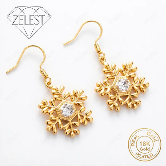 925 Sterling Silver 18K Gold Plated Snowflake Zircon Earrings for Women – Party Gift
