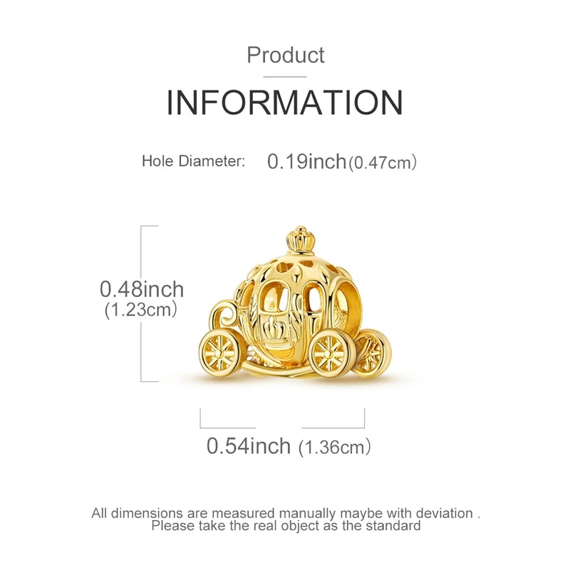 925 Sterling Silver Gold Plated Royal Pumpkin Carriage Dangle Charm Bead for Women