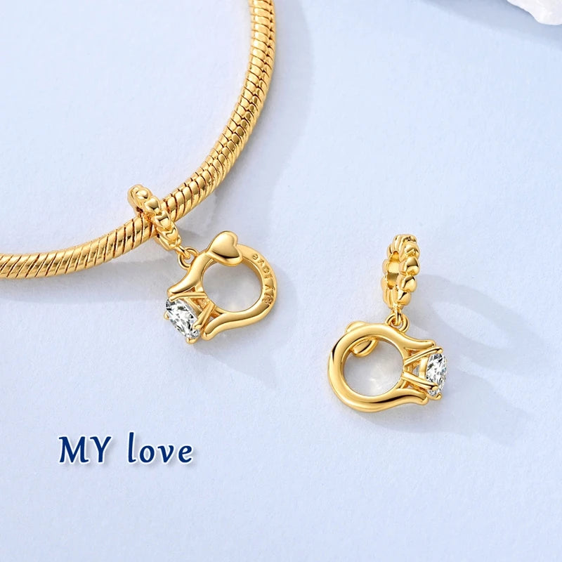 925 Sterling Silver Gold Plated Ring Dangle Charm Bead – DIY Women's Bracelet Gift