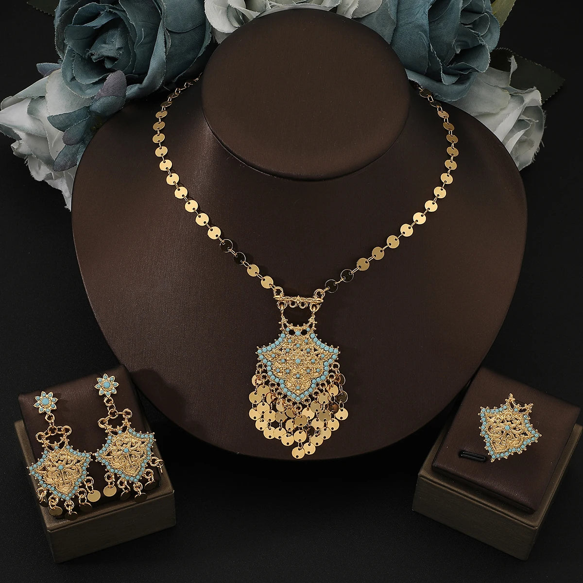 Gold Turquoise Tassel Necklace, Earrings & Ring Jewelry Set