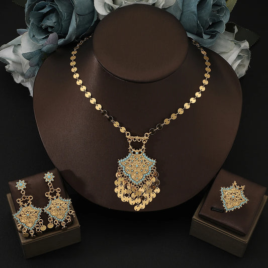 Gold Turquoise Tassel Necklace, Earrings & Ring Jewelry Set