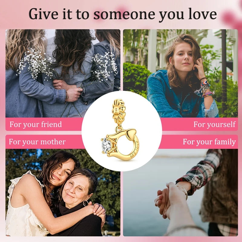 925 Sterling Silver Gold Plated Ring Dangle Charm Bead – DIY Women's Bracelet Gift