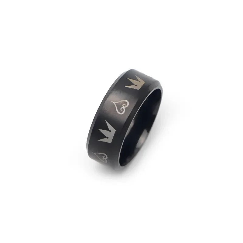Men's Stainless Steel Ring – Black & Silver Crown Hearts Design