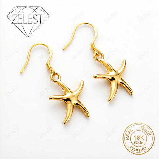 925 Sterling Silver 18K Gold Plated Starfish Earrings for Women – Glamour Party Gift