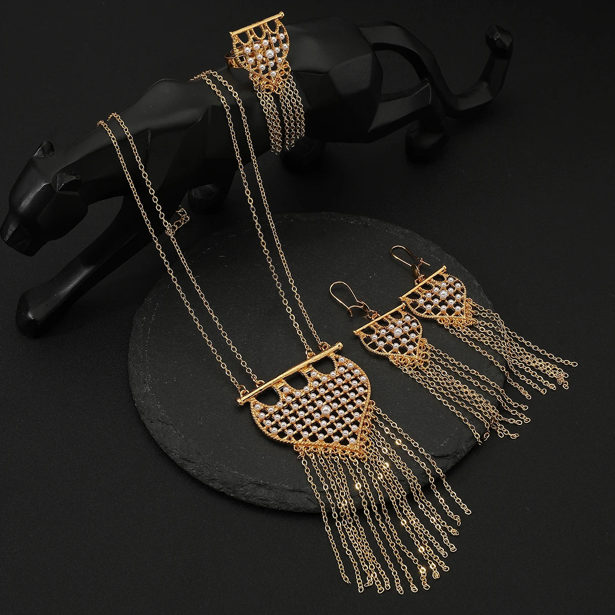 Gold Turquoise Tassel Necklace, Earrings & Ring Jewelry Set