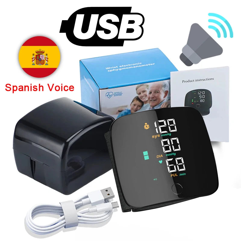 LED Wrist Blood Pressure Monitor – Rechargeable with Voice Broadcast