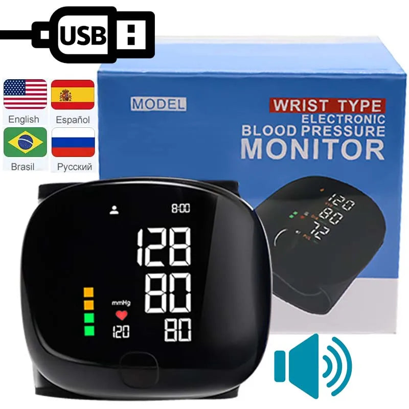 LED Wrist Blood Pressure Monitor – Rechargeable with Voice Broadcast