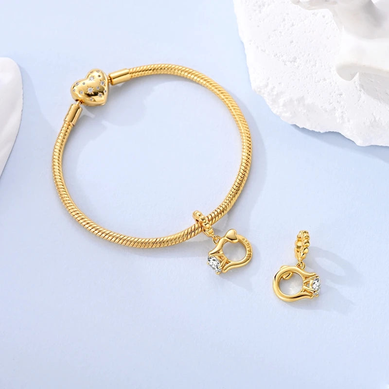 925 Sterling Silver Gold Plated Ring Dangle Charm Bead – DIY Women's Bracelet Gift