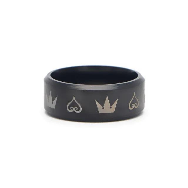 Men's Stainless Steel Ring – Black & Silver Crown Hearts Design