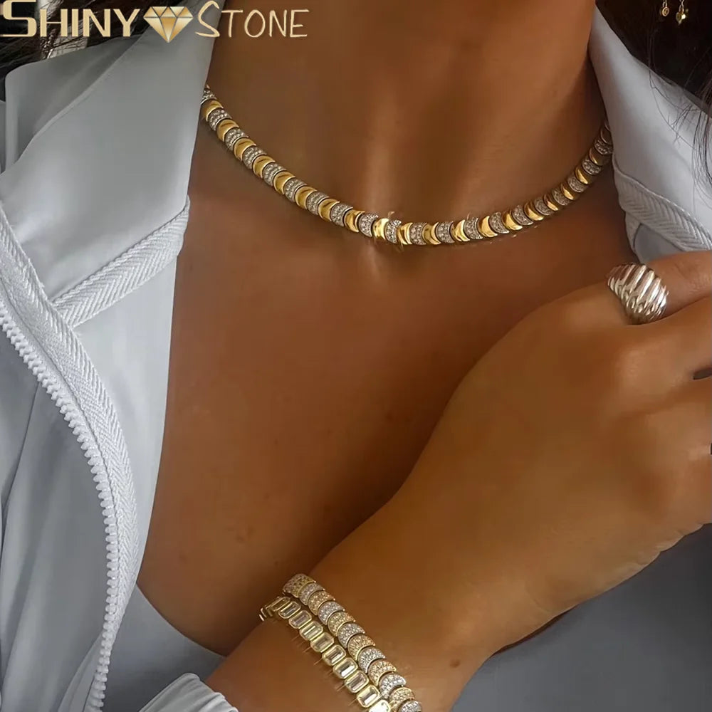Gold Moon CZ Charm Link Bracelet & Necklace Set