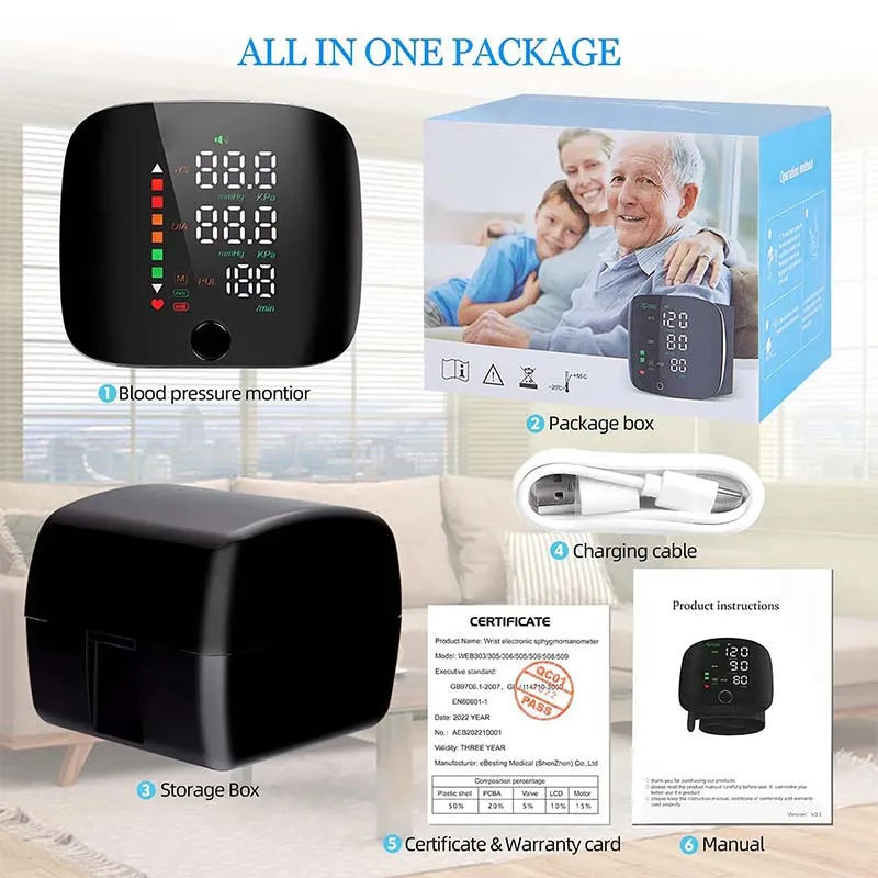 LED Wrist Blood Pressure Monitor – Rechargeable with Voice Broadcast