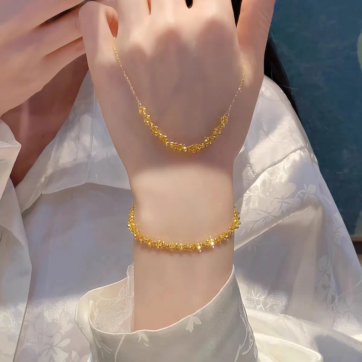 18K Gold Sparkling Beads Necklace & Bracelet Set for Women