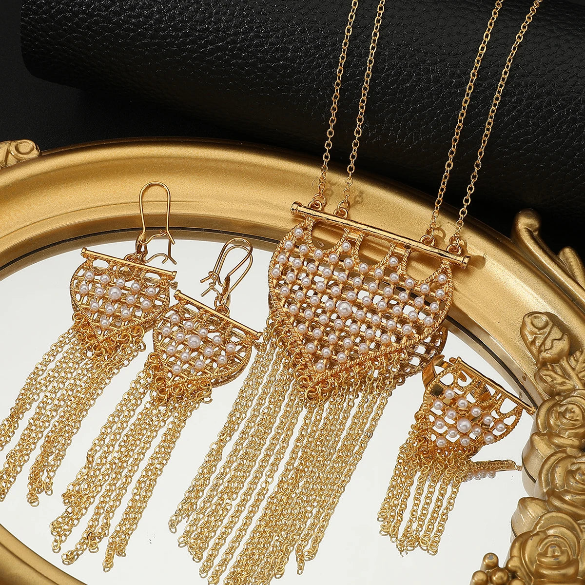 Gold Turquoise Tassel Necklace, Earrings & Ring Jewelry Set